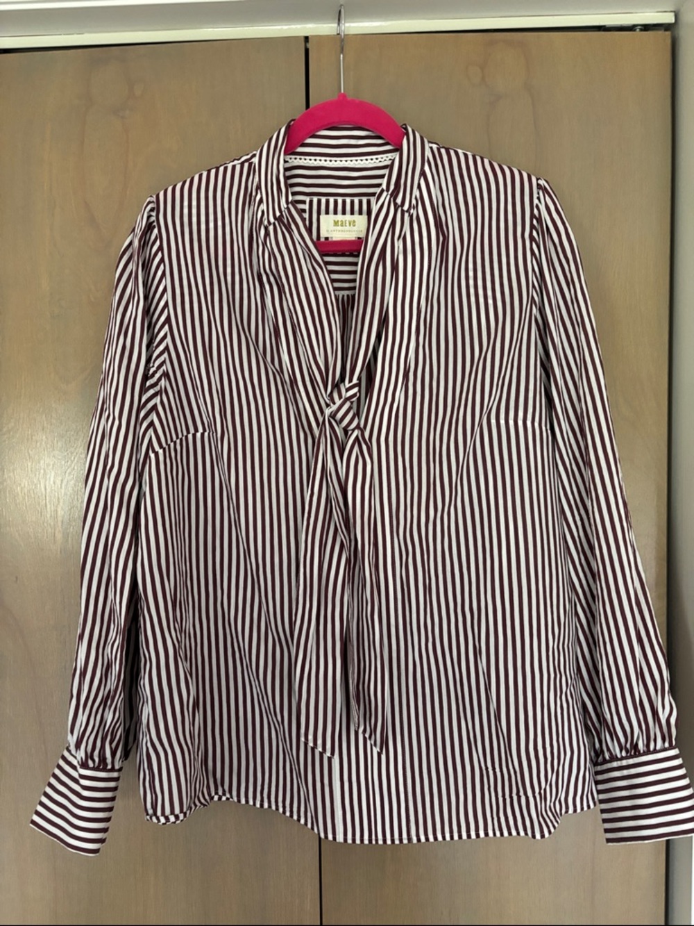 Maeve Burgundy and White Striped Tie-Neck Blouse